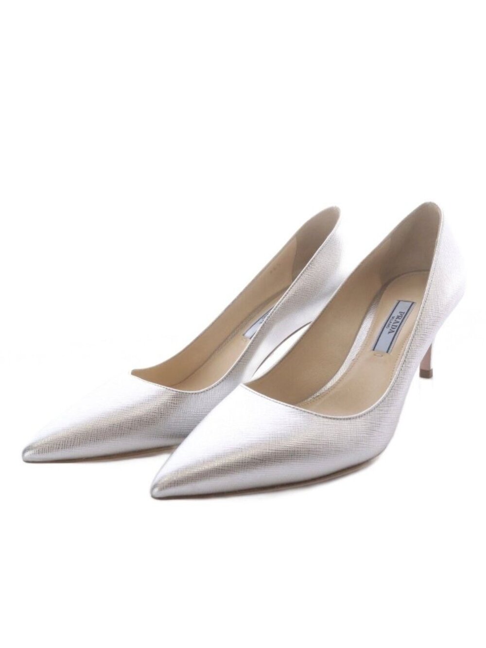 Prada Pumps High Heels Pointed Toe Leather Metallic Silver Color